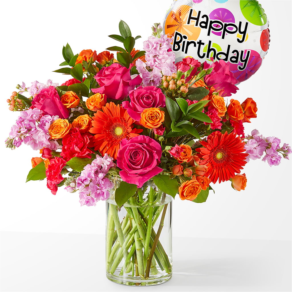 Fiesta Bouquet with Birthday Balloon – Marcela Floral Design, Sunrise FL