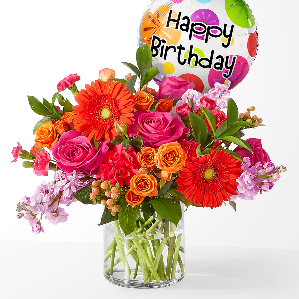 Fiesta Bouquet with Birthday Balloon – Marcela Floral Design, Sunrise FL
