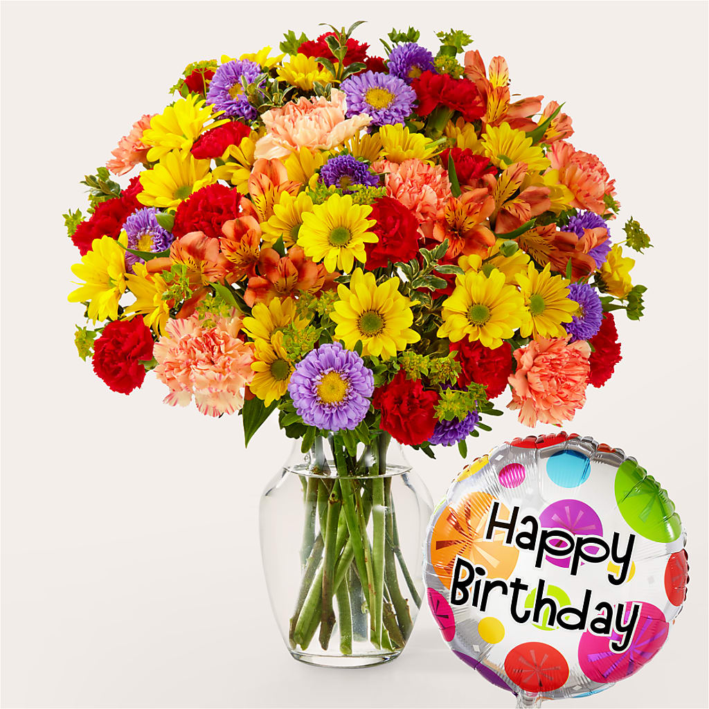 Kaleidoscope Bouquet with Birthday Balloon – Marcela Floral Design, Sunrise FL