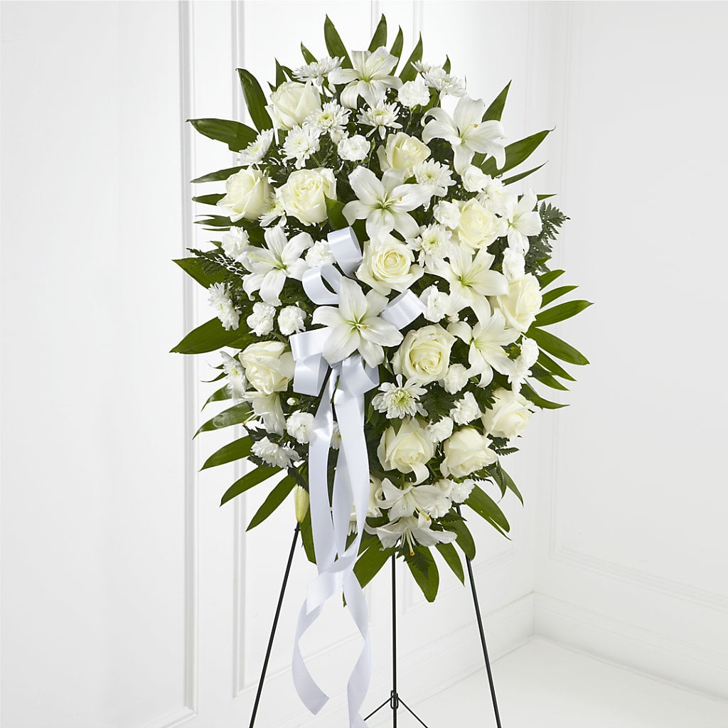 Exquisite Tribute Standing Spray-White Ribbon – Marcela Floral Design, Sunrise FL